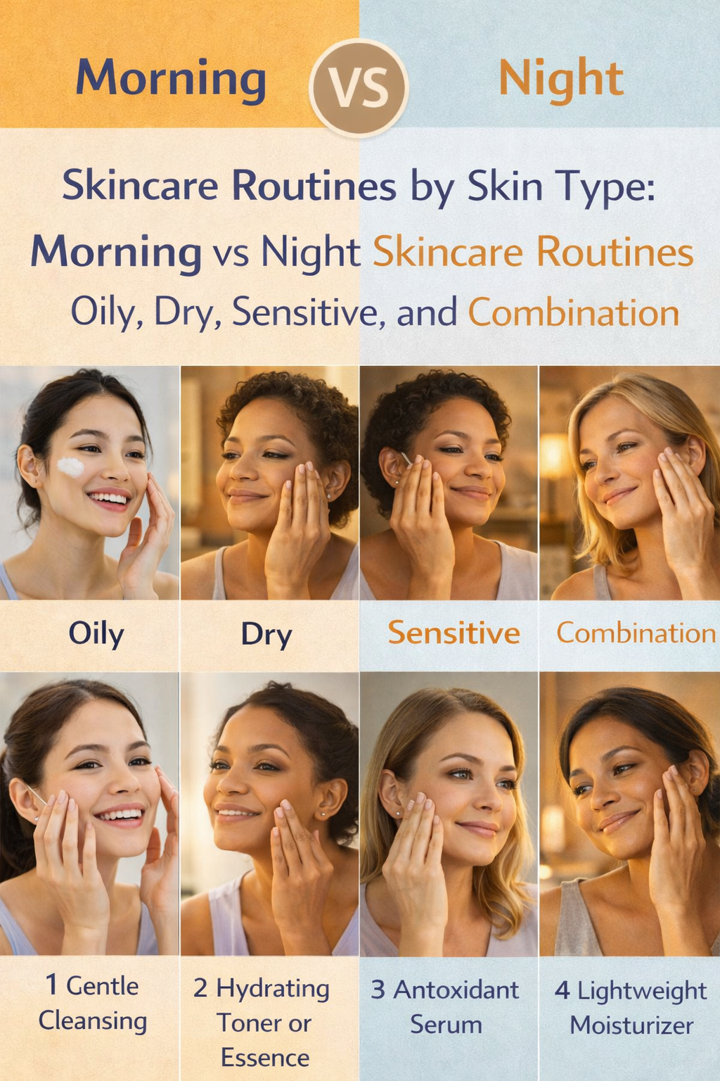 Morning vs Night Skincare Routines by Skin Type: Oily, Dry, Sensitive, and Combination